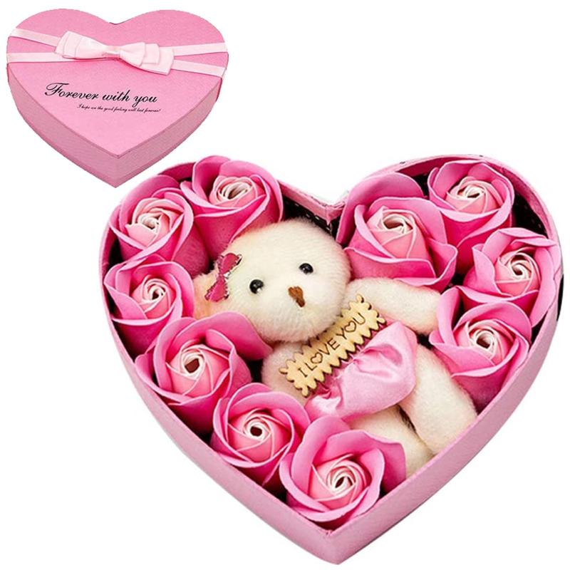 

10PCS Flowers Soap Flower Gift Rose Box Bears Bouquet Festival Gift Soap Rose Head Valentine'S Day flower box, As pic