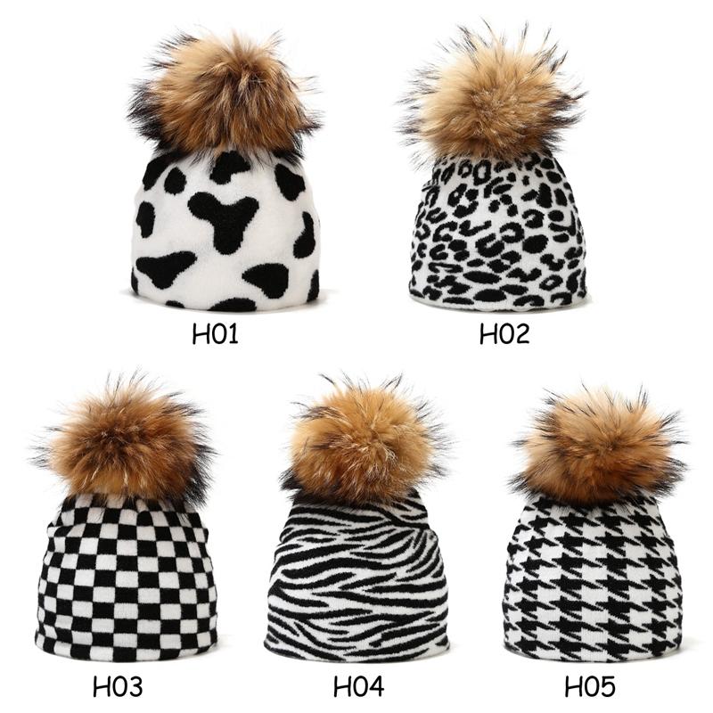 

New Style Women Autumn And Winter Cow Leopard Pattern Knitted Hat Female Outdoor Warm Hat