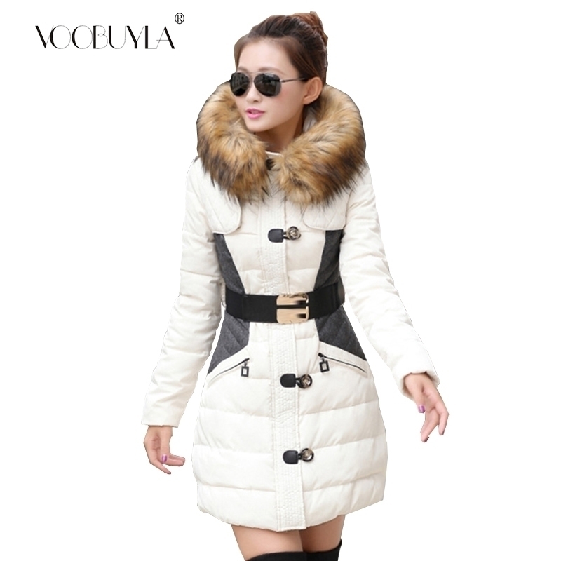 

Fashion Clothing Fur Hooded Zipper Long Style Women Warm Coat Winter Parkas Coat Patchwork Belt Slim Parka Thick Warm Snow Wear 201118, Red
