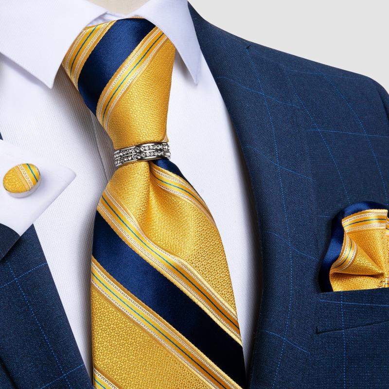 

100% Silk Blue Striped Yellow Men's Tie Pocket Square Set Fashion Business Party Necktie With Tie Ring Shirt Accessories DiBanGu