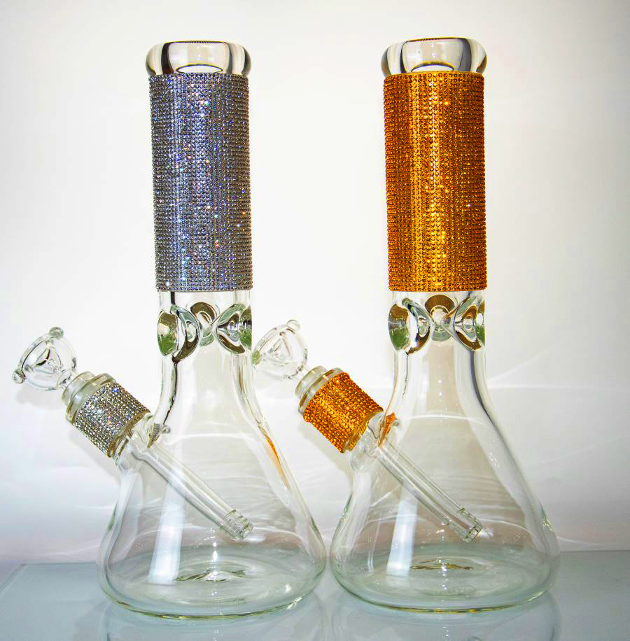 

9mm thick bong hookahs 12 inch Sparkling diamond glass bongs dab rig gold and silver beaker smoke pipe bubbler water pipes somke accessoriess