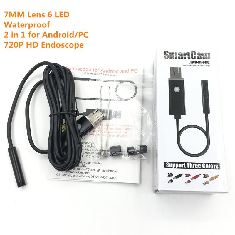 

1m 2m 7MM Lens 2 IN 1 Android/PC 720P HD Endoscope Tube Waterproof Snake Borescope USB Inspection Mini Camera With 6 LED