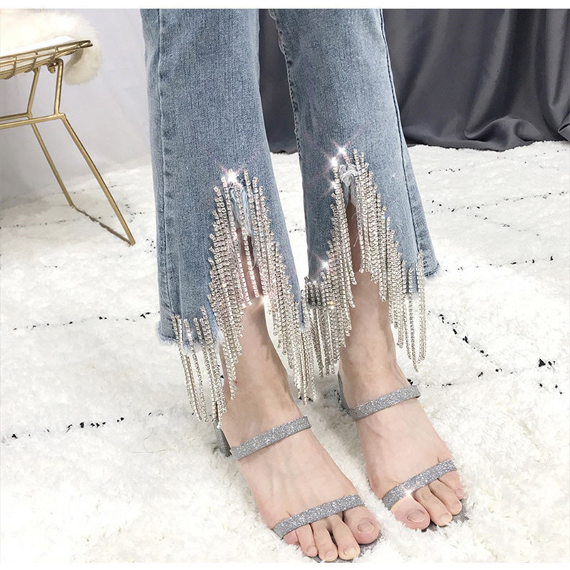 

2020 new thin female high waist button denies ankle-length party pants, Blue.