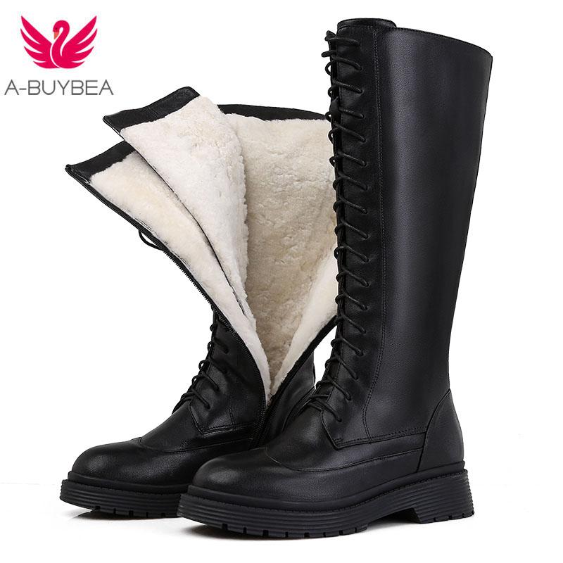 

2020 New Genuine leather boots women shoes lace up warm winter boots nature sheep wool mid calf ladies botas, Black