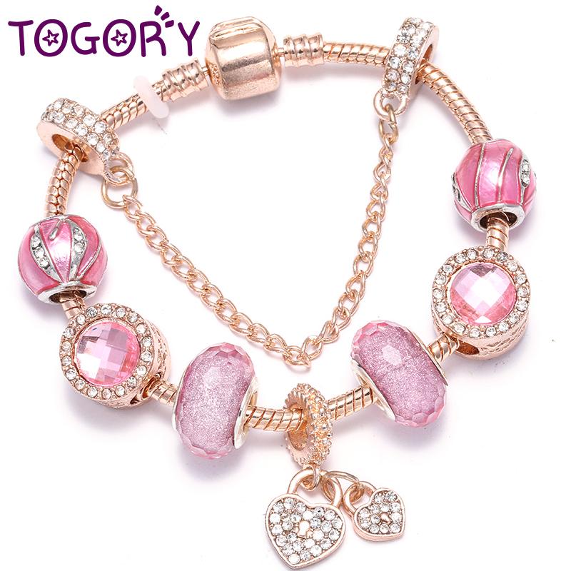 

Charm Bracelets TOGORY Rose Gold Fine For Women With Love Heart Pendant Bangles Couple Wife Fashion Jewelry Gift