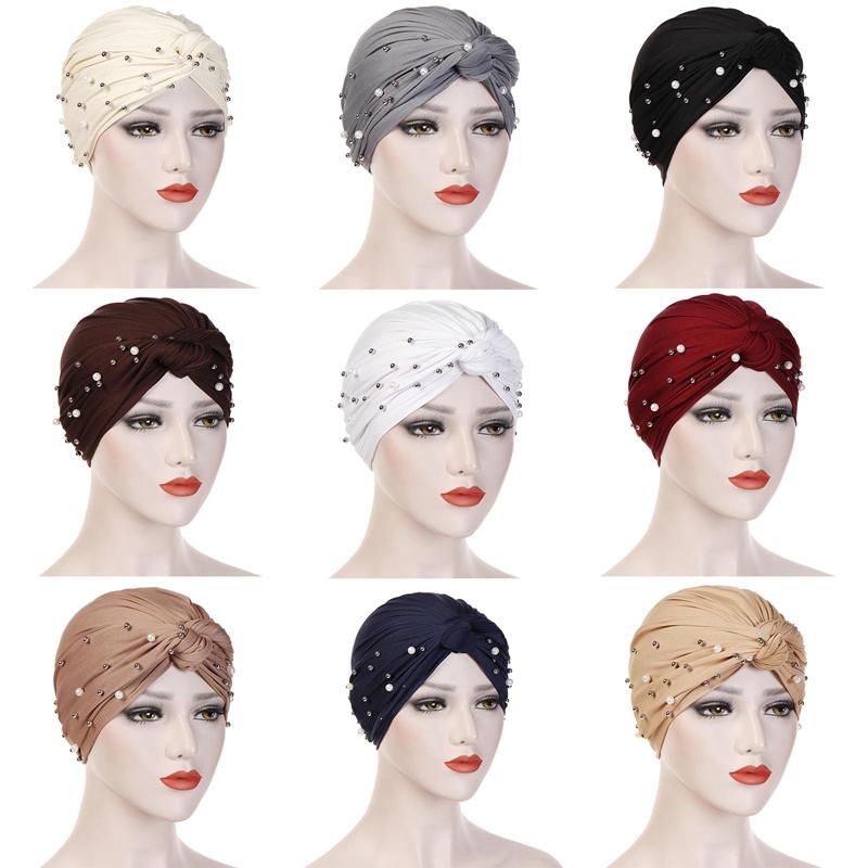 

Casual Solid Color Muslim Hat Beads Braid Single Pearl Turban Caps Female Elastic Bandanas Headscarf Bonnet Femme, By