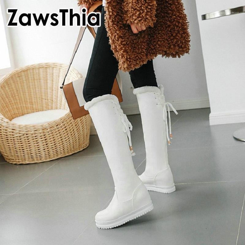 

ZawsThia 2020 winter woman shoes warm plush faux fur inside platform wedges female boots knee high women snow boots big size 431, Black