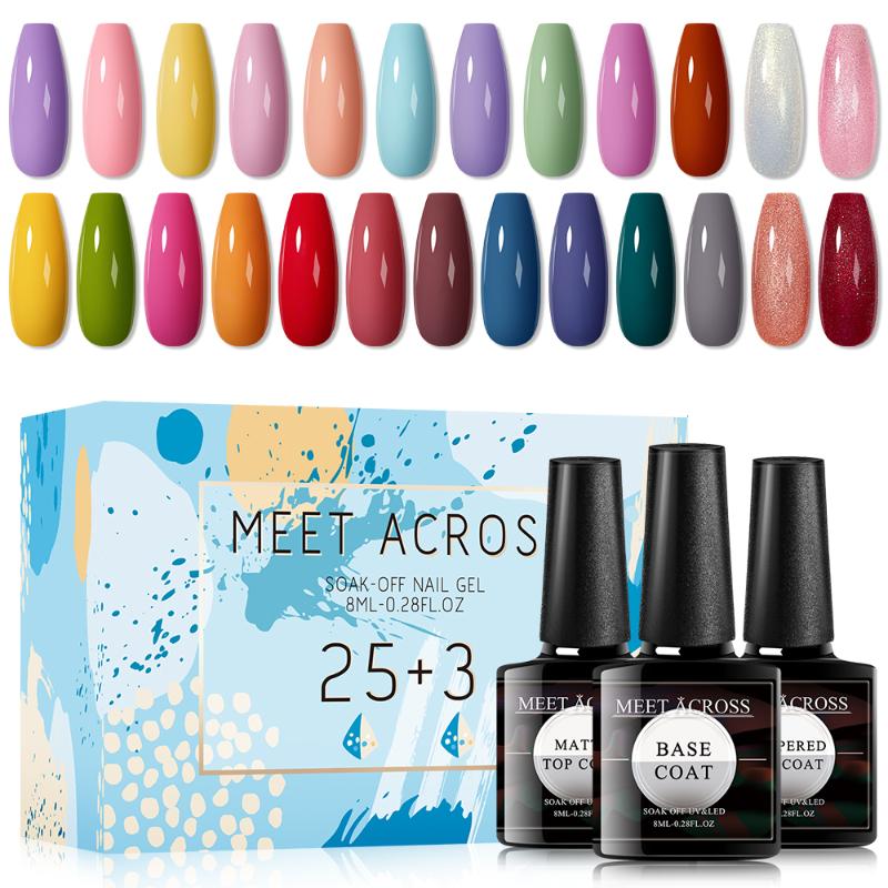 

MEET ACROSS Gel Nail Polish Set Hybrid Varnishes 28Pcs Base Top For Nails UV LED Lamp Gel Kits Manicure Nails Polish Set, Q13412