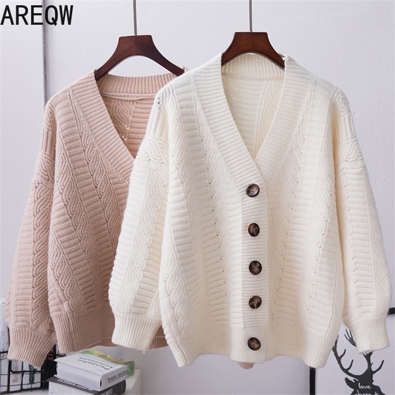 

V-neck Oversized Cardigans Sweater Women's New Korean of White Loose Large Size Cardigan Knitting Tops 201119, Khaki sweater