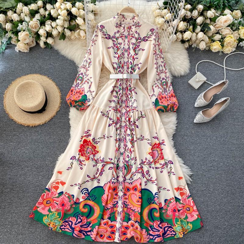 

2021 New retro court wind maxi feminine neck puff button dress bohemian autumn imprint line long C4VA, Apricot