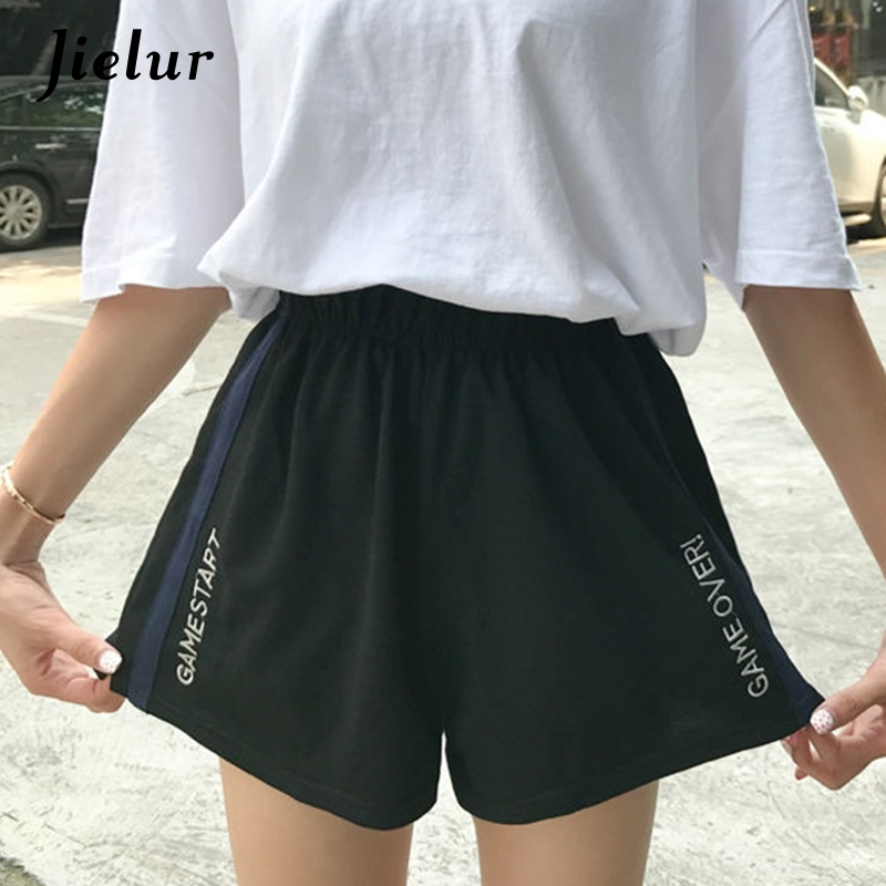 

Jielur Side Stripe Letters Embroidery Elastic Waist Loose Shorts Feminino -XXL Shorts Women Summer Black Spodenki Damskie Y200403