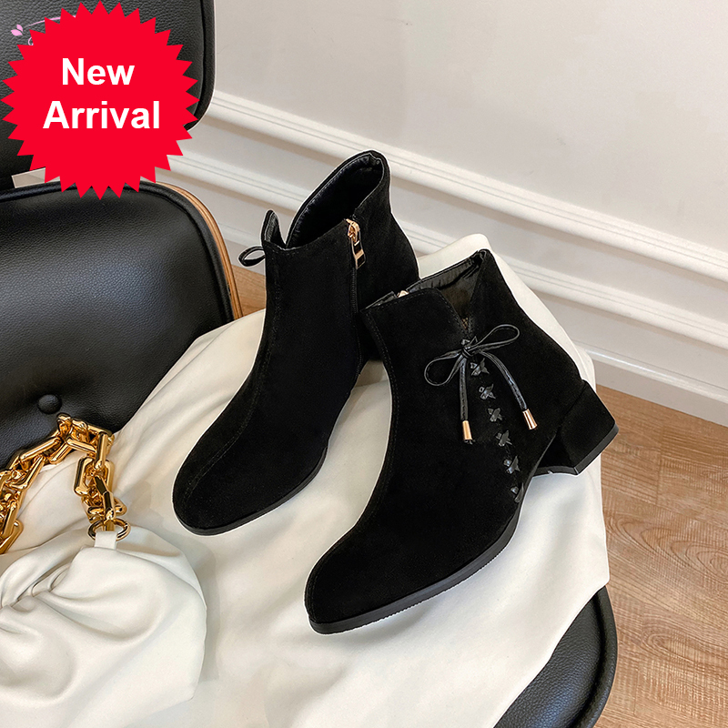 

2021 The New Party Style Round Toe a Buck Ankle Fashion Tie-up Black Yellow Zipper Medium Motorcycle Heel Women's Size Boots 1ea9, Beige