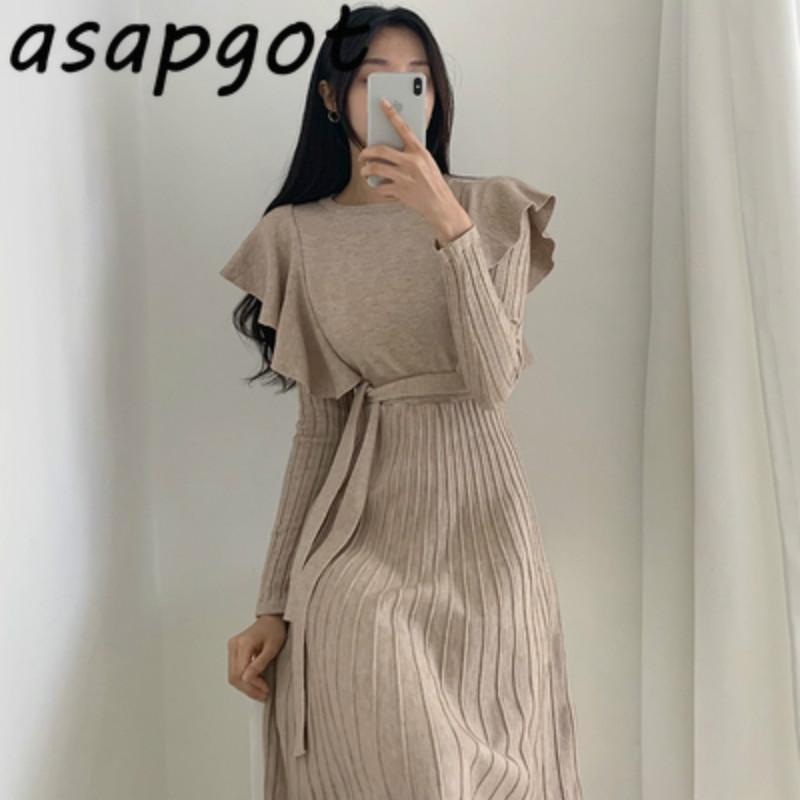 

Casual Dresses Asapgot Autumn Winter Temperament Ruffled Lace Up High-waist Pleated Knitted Dress Women Bandage Solid Loose Retro, Black;gray