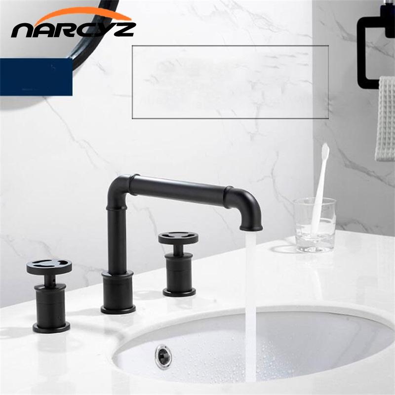 

Basin Faucet Industrial style Deck Black/Gold Brass three-hole Double Handle Hot and Cold Bathtub Faucet A9025