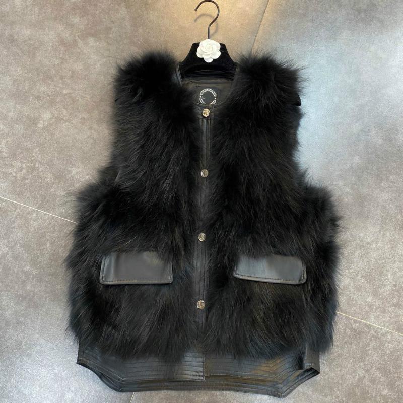

Autumn and 2020 Winter Round Neck Sleeveless Stitching Pu Pocket Women' Real Fur Vest Coat Lady Chic Top JZZT, Dark gray