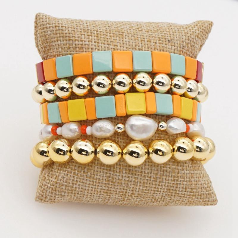 

Shinus Women Pearl Bracelet Fashion Handmade Miyuki Gold Bead Jewellery Pearl Jewelry Alloy Enamel Tile Stretch Girl Bracelets