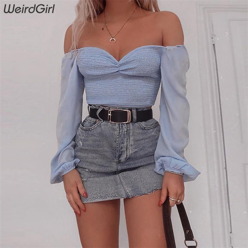 

Weirdgirl women fashion off shoulder t-shirt slim crop tops v-neck long sleeve femme tees summer streetwear lady office elegant Y200412, Blue