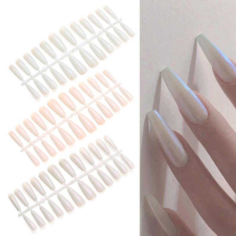 

24 Pcs Fake Nails European and American Long Ballet Aurora Nail Tips Shiny Pink Coffin Full Coverage Manicure Tools Detachable, 001