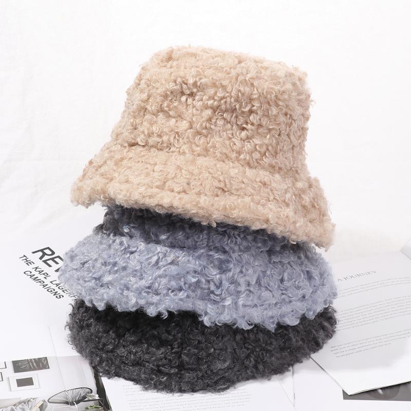 

Thicken Warm Lamb Faux Fur Bucket Hat Black Solid Fluffy Fishing Cap Fisherman Hat Women Winter Fashion Accessories, Style2-black