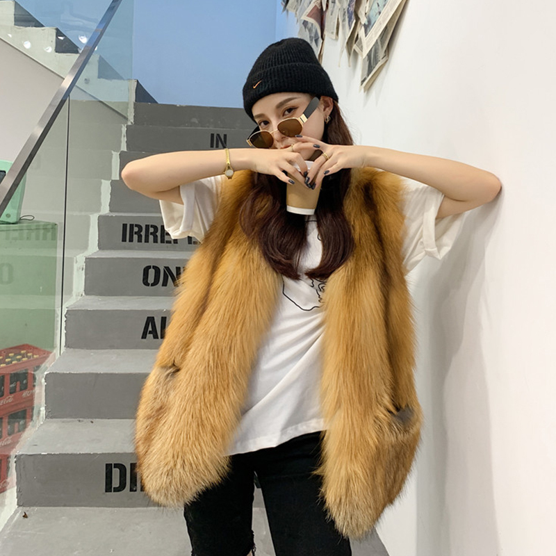 

Complete Winter 2020 Real Fox Skin with Women' Fashionable Pockets Vest Gigilet Ladies'coat 75kx, Gold