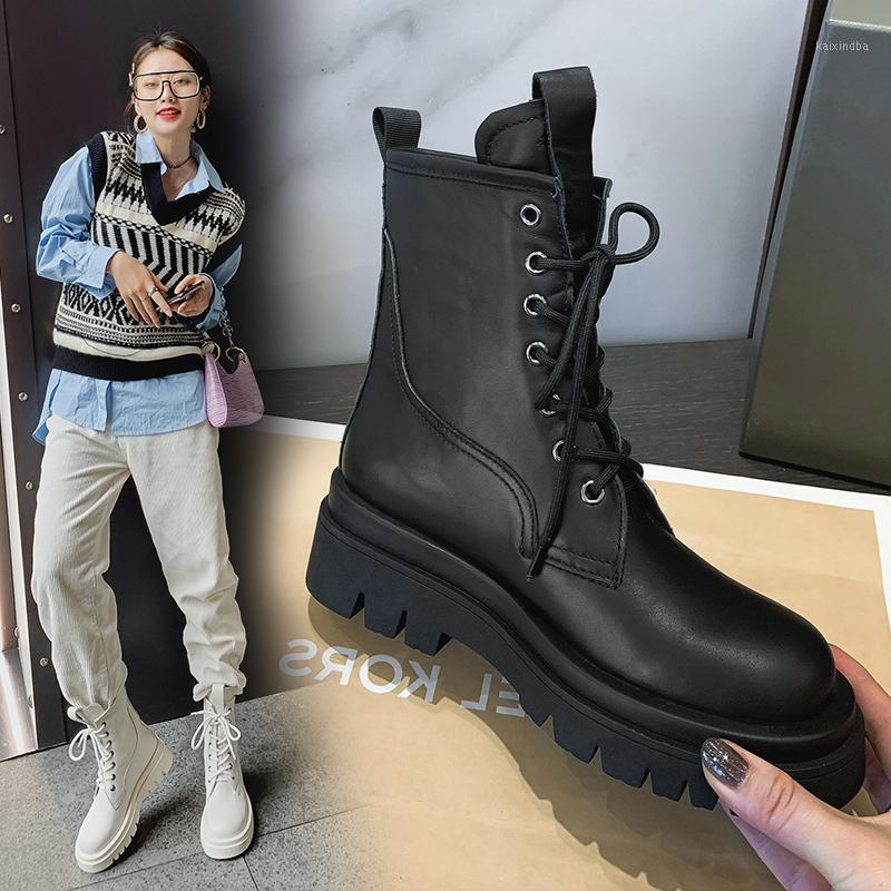 

Winter Cross Tied Platform Women Boots Genuine Leather Chunky Heels Shoes For Women Party Casual Shoes Woman1, Beige