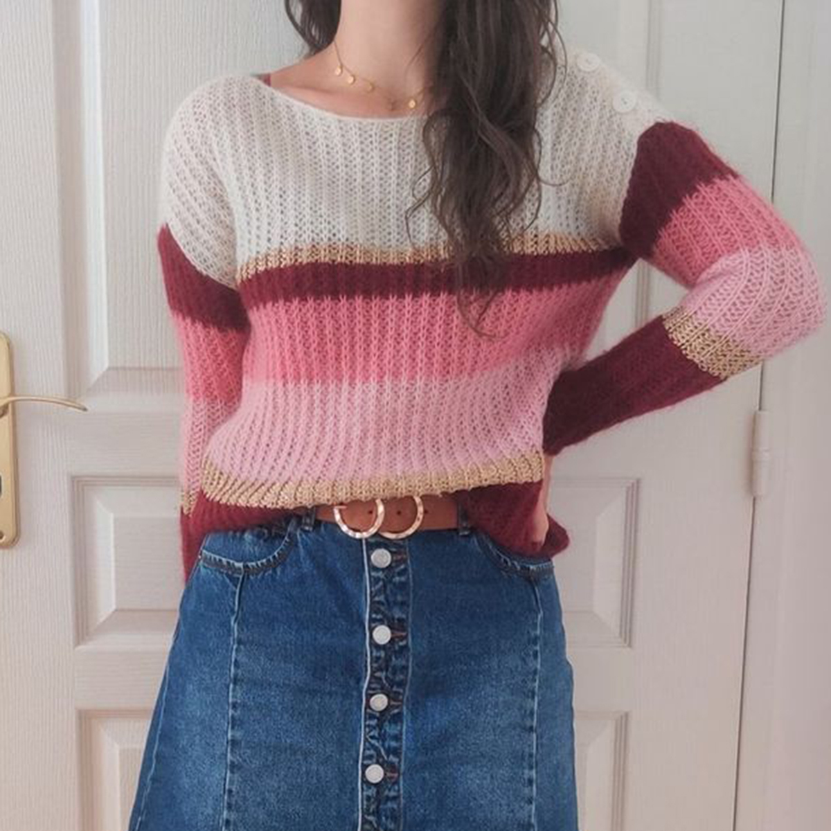 

Chic neck jumper slash button girl long sleeve let go of all that sweater winter 2020 casual pink striped sexy mesh