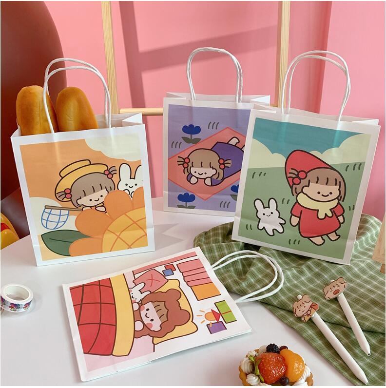 

4pcs Cute INS Simple Cartoon White Paper Bag Portable Shopping Bags Birthday Party Favor Gift Packaging Bag