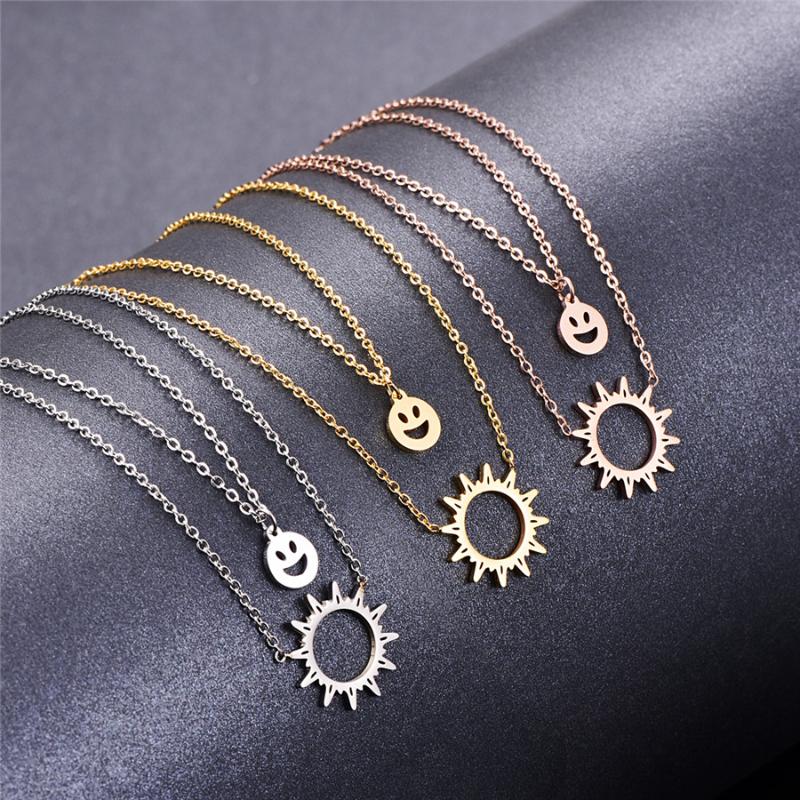 

Pendant Necklaces Martick Sunshine Necklace Gold Color Double Chain Simle Face For Woman Party Jewelry P21