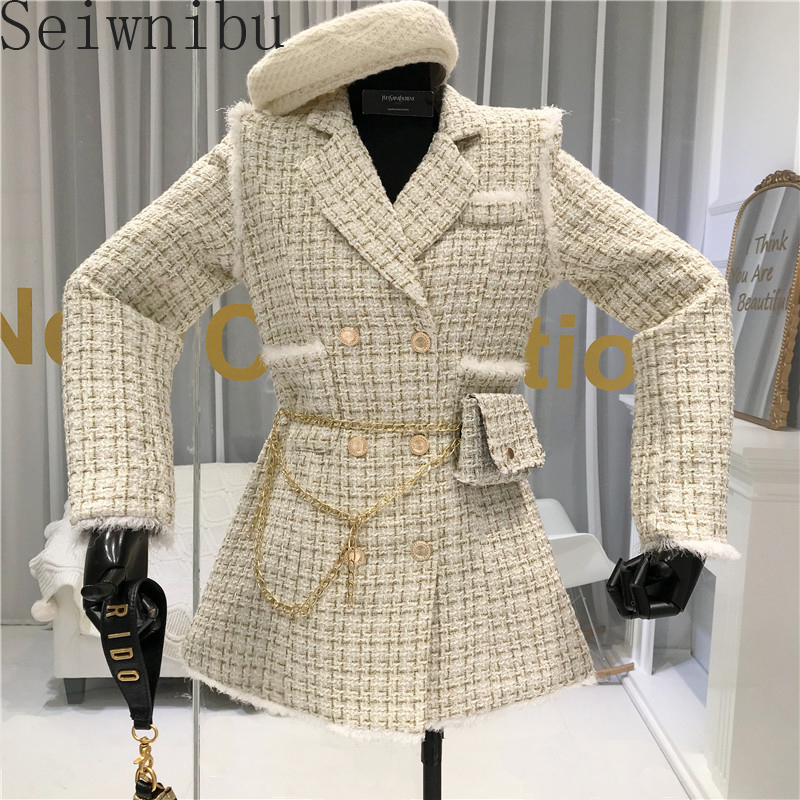 

Autumn Spring Women Retro Tweed Spliced Short Coats Suit Plaid Coat Women Slim Double-breasted Jacket with Waist Bag 201106, White