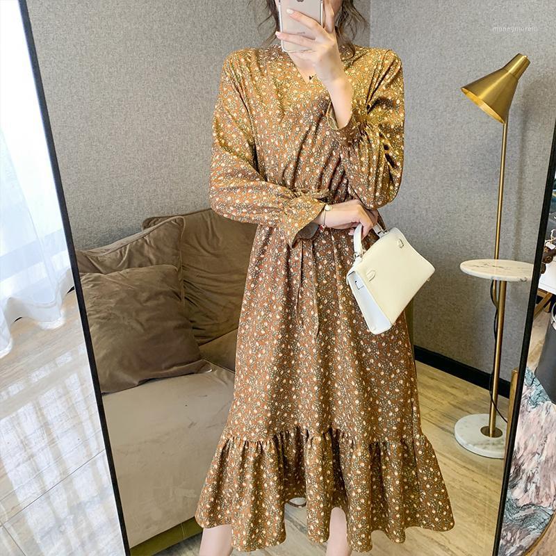 

Elegant Women Spring Autumn Corduroy Dress Casual Female Vintage V-Neck Print Flare Full Sleeve Mid Dresses Vestido Sashes DS2411, Blue