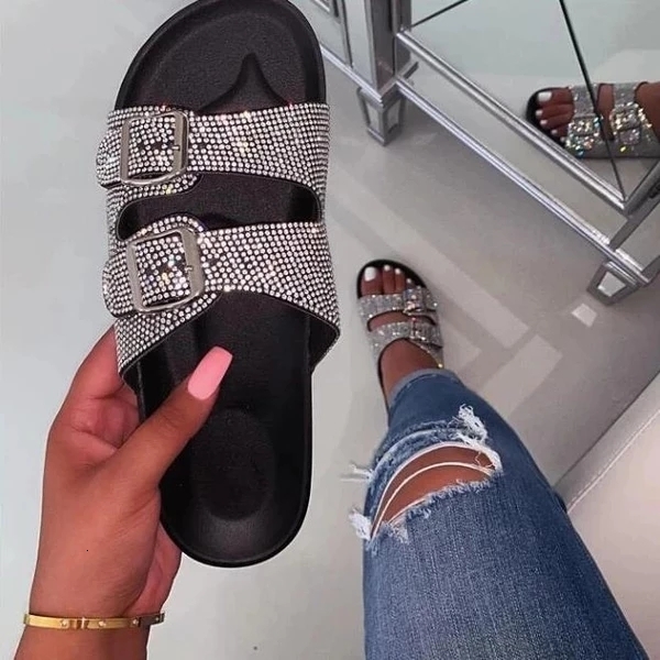 

2021 New Women Fashion Summer Silppers Crystal Diamond Sandals Outdooer Slides Bling Falt Female Rubber Casual Non-slip Ladies Slippers Dyt2, Silver