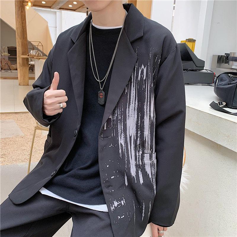 

2020 Spring And Autumn New Youth Popular Men's Loose Graffiti Printed Suit Fashion Casual All-match Top Black M-2XL