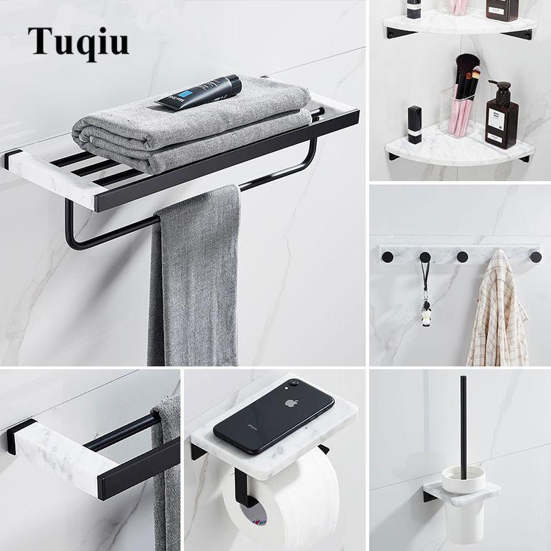 

Bathroom Accessories Set Black Bathroom Shelf,Towel Rack,Towel Hanger Paper holder,Toilet Brush Holder Marble & Brass1