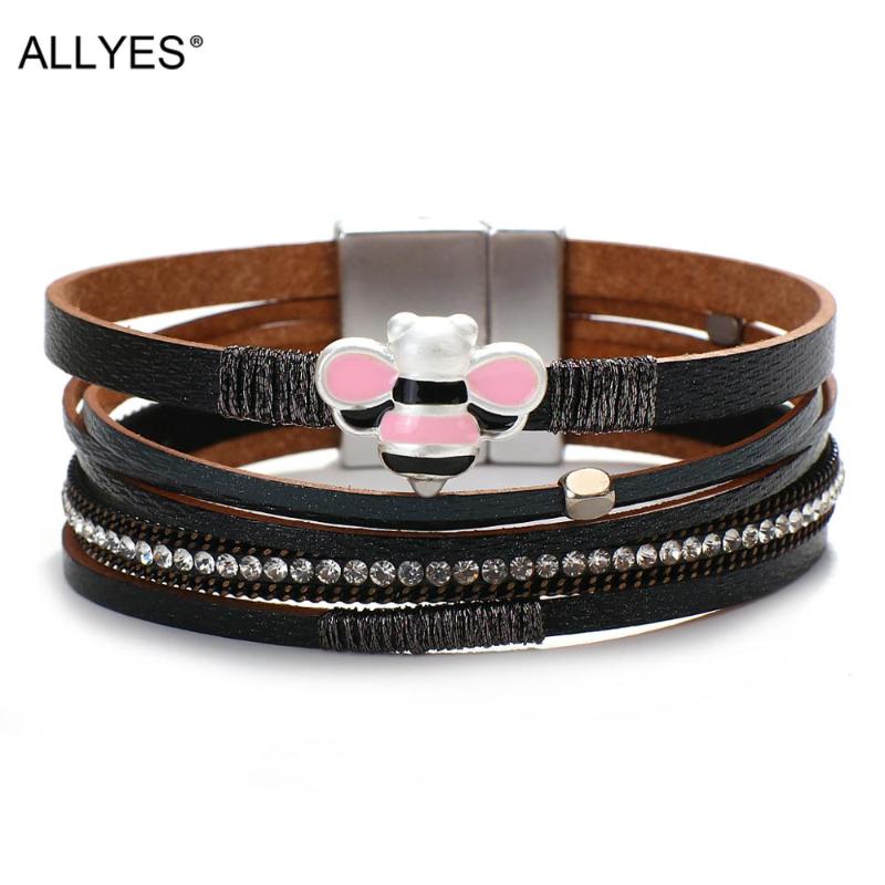 

ALLYES Cute Pink Bee Charms Leather Charms Bracelets for Women Multilayer Rhinestone Wrap Bracelet Party Statement Jewelry Gifts