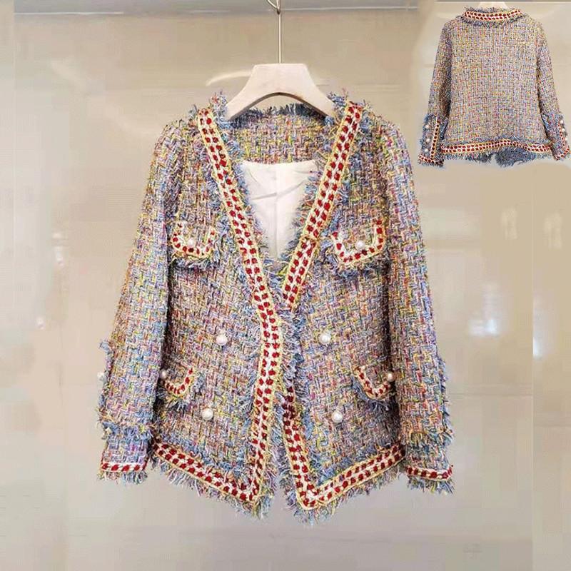 

Zoulv 2021 Winter V-neck Small Fragrance Woven Short Suit Sweet Girl Elegant Ribbon Tweed Jacket Elegant Beauty Collarless Coat, Blue