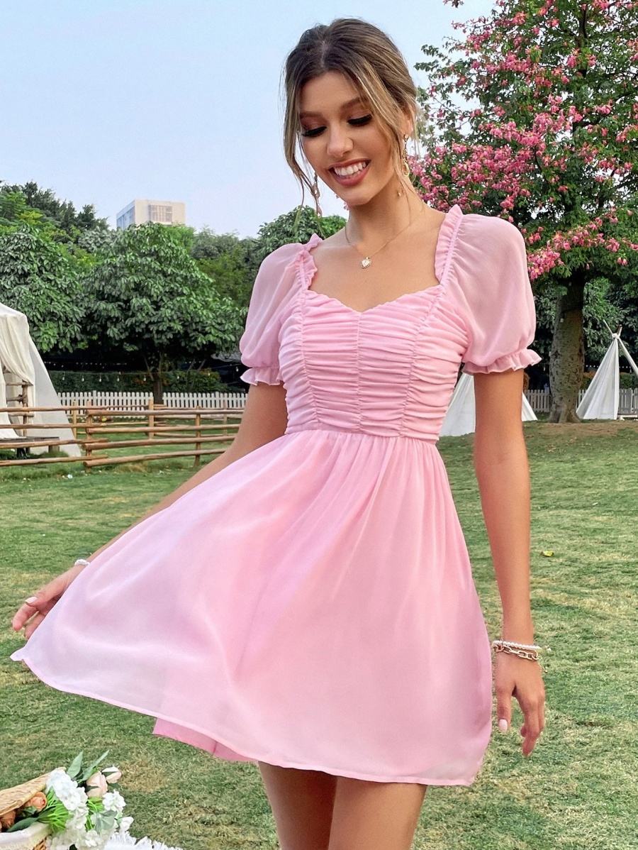 

Solid Puff Sleeve Sweetheart Neck Ruched Dress m3Tl#, Baby pink
