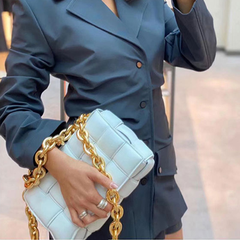 

Luxury Handbag Women Designer Thick Metal Chain Plaid Woven Shoulder Trend Female Crossbody Messenger Bag Flap Purse C0121, Green suede