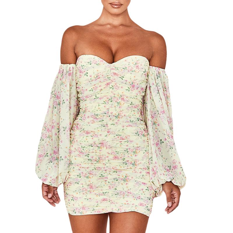 

2021 Women Dress Summer Off-the-Shoulder Female Floral Print Long Sleeve High Waist Bag Hip Pencil Elegant Ladies Clothing