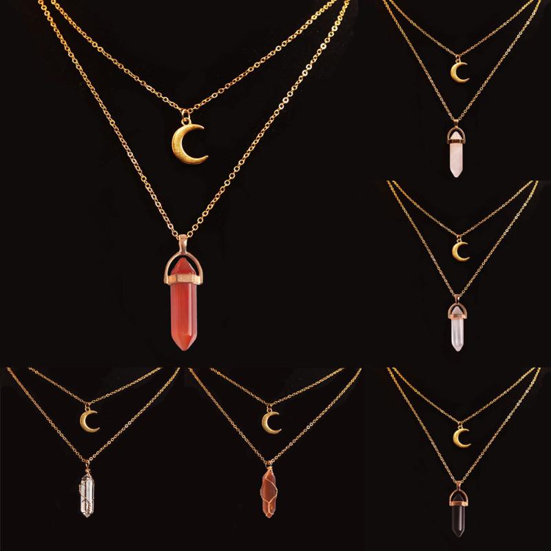 

Charms Fashion Women's Necklace Explosion Silver Color Double Moon Shape Opal Stone Hexagon Column Necklace Clothing Accessories