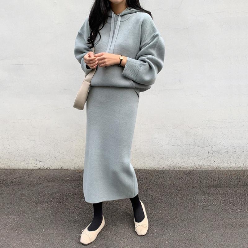 

Bellaza Women Casual Two Piece Sets Pure Color Sporty StreetWear Hoodie Suits Japan Korea Leisure Skirt Suit Minimalist Knit Set, Khaki