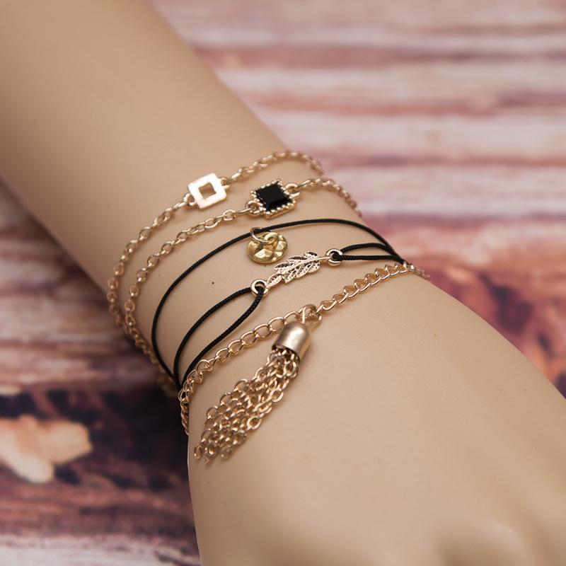 

Volunge 5Pcs/Set Fashion Punk Style Alloy Leaf Coin Tassels Multi Elements Combination Bracelets Anklet For Women 2020 Jewelry