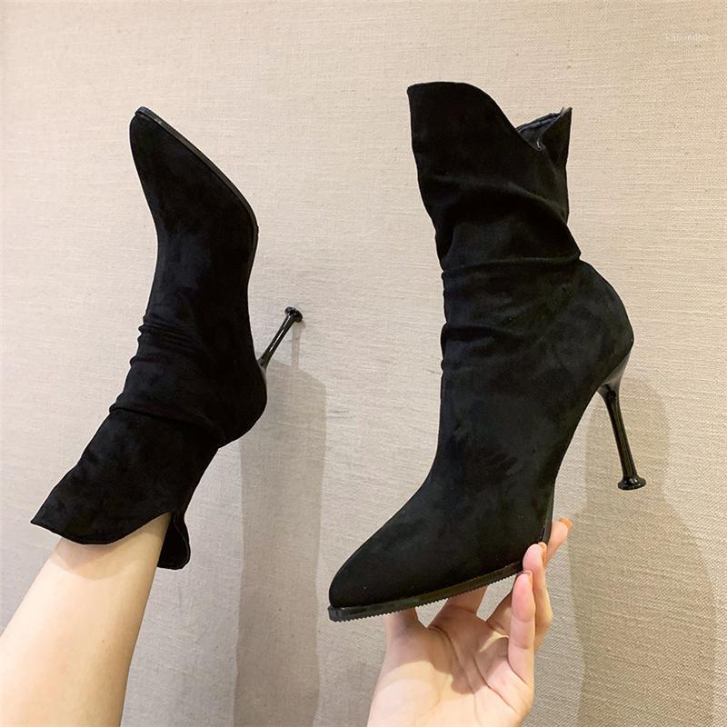

2021 Women Fashion Plush Boots Female Flock Pointed Toe Stiletto Ankle Booties Lady 9cm High Heels Stretch Botas Shoes1, Apricot