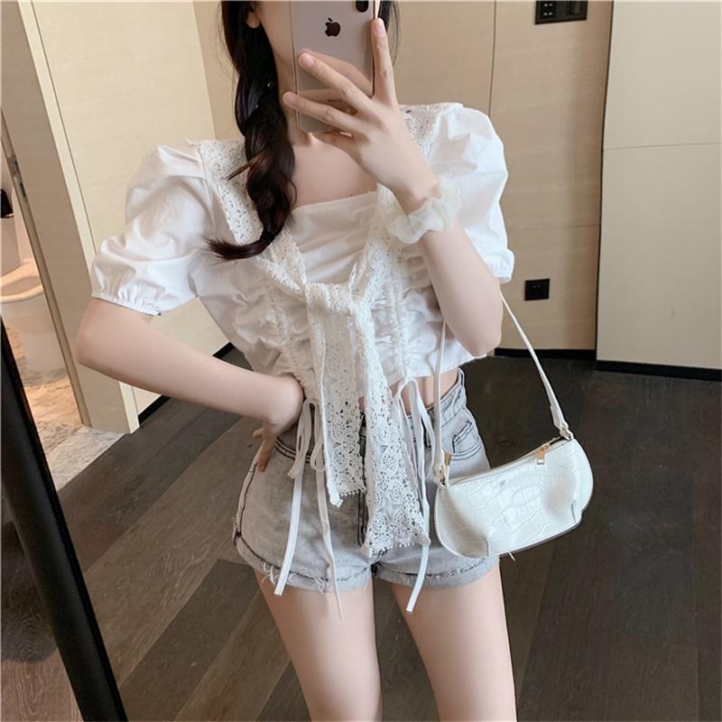 

Vintage Sweet Kawaii Folds Women Blouse For Tops 2020 Summer Soft Girly Lace Up Square Collar Hollow Out Ladies Shirts Feminina, White