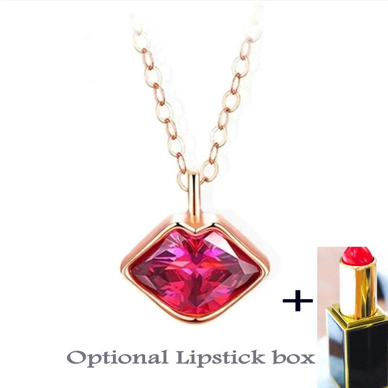 

2020 New Rose Gold Red Lips Crystal Pendant Necklace Women Fashion Color Gold Mouth Lips Link Chain Necklace With Lipstick Box