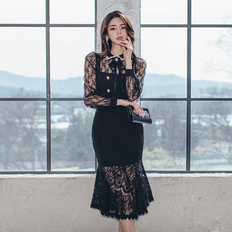 

Two-piece new aristocratic temperament lace stitching skirt outfit, Black