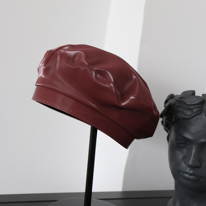 

Fashion Faux Leather Pu Beret Cap Men Women Leisure Painter Hat, Black