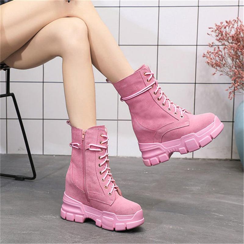 

Chunky Platform Fashion Sneakers Women Lace Up Genuine Leather Wedges High Heel Ankle Boots Female Winter High Top Pumps Shoes, Beige