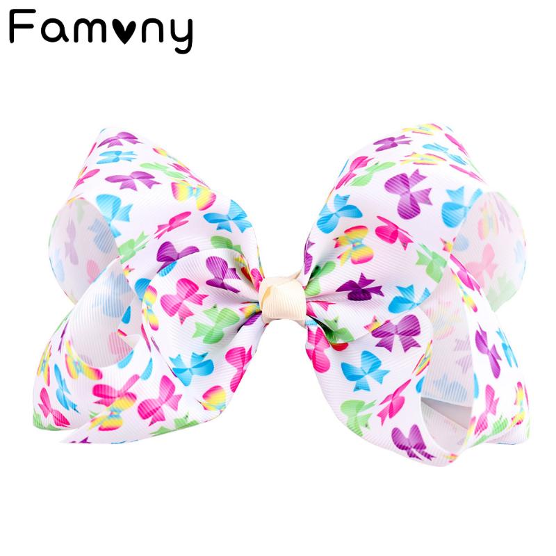 

7 Inch Sweet Kids Polka Dots Printed Grosgrain Ribbon Large Hair Bow Rainbows Hairgrips for Girls Hair Clip Accessories