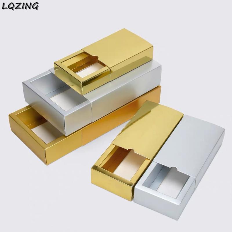 

10pc Folding Gold/Silver Drawer Paper Carton Packaging Present Jewelry Makeup Box Sliding Cover Craft Soap Small Boxes For Gifts