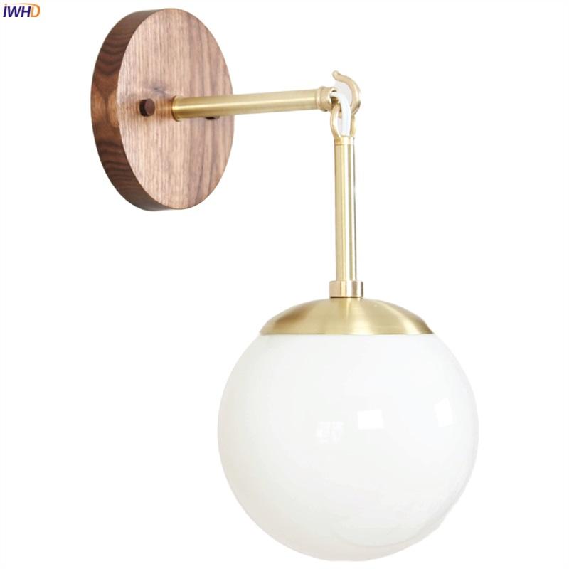 

IWHD Nordic Japan Style Copper Wall Lamp Bedroom Bathroom Mirror Light Wooden Glass Ball LED Wall Lights Fixture Sconce Wandlamp